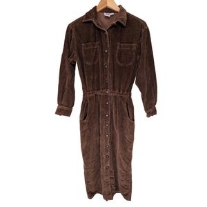 Vintage FADS Brown Corduroy Button Front Midi Dress Womens 8P Petite Cabincore
